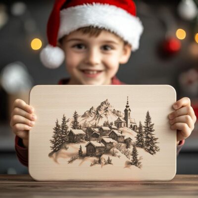 Winter Countryside & Church Charcuterie Board Laser Engraving