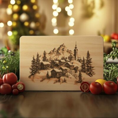 Winter Countryside & Church Charcuterie Board Laser Engraving