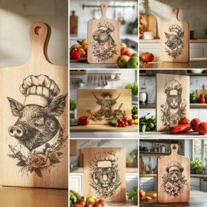 6 Animal Chef Charcuterie Board Engravings, 3D Illusion Bundle #001