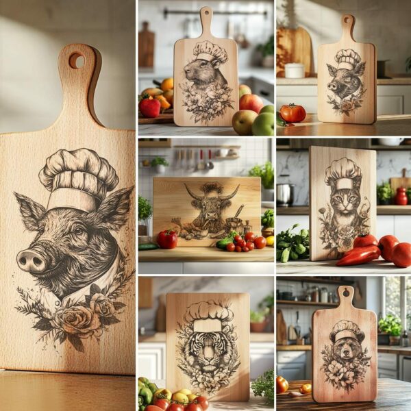 6 Animal Chef Charcuterie Board Engravings, 3D Illusion