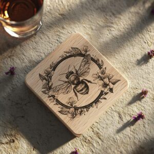 Bee and Flower 3D Illusion Wood Coaster Engraving | PNG Download #007