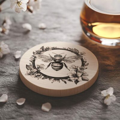 Grabado de posavasos de madera con abeja y