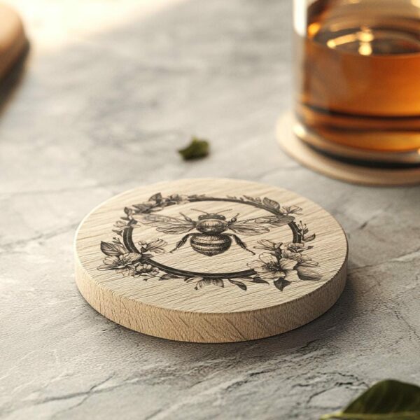 Bee and Flower 3D Illusion Wood Coaster Engraving