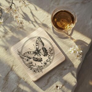 Butterfly and Flower 3D Illusion Wood Coaster Engraving