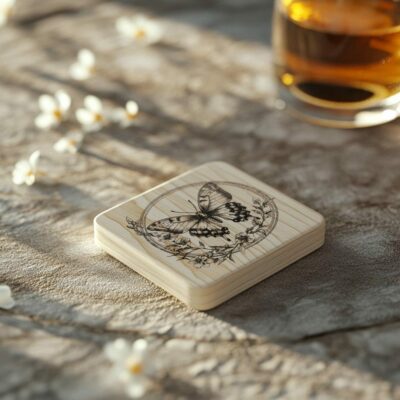 Butterfly and Flower 3D Illusion Wood Coaster Engraving