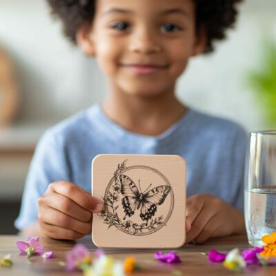 Butterfly and Flower 3D Illusion Wood Coaster Engraving