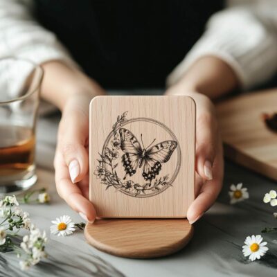 Butterfly and Flower 3D Illusion Wood Coaster Engraving