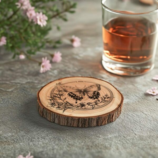 Butterfly and Flower 3D Illusion Wood Coaster Engraving