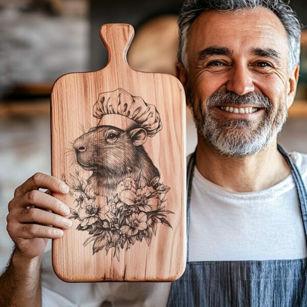 Grabado de tabla de charcutería con chef capibara