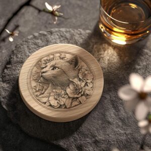 Incisione in legno di sottobicchiere con gatto e fiore 3D | Download PNG #001