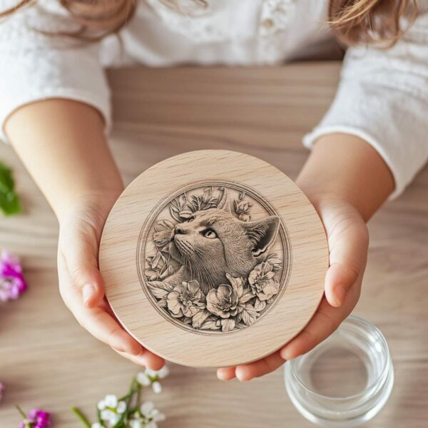 Cat and Flower 3D Illusion Wood Coaster Engraving