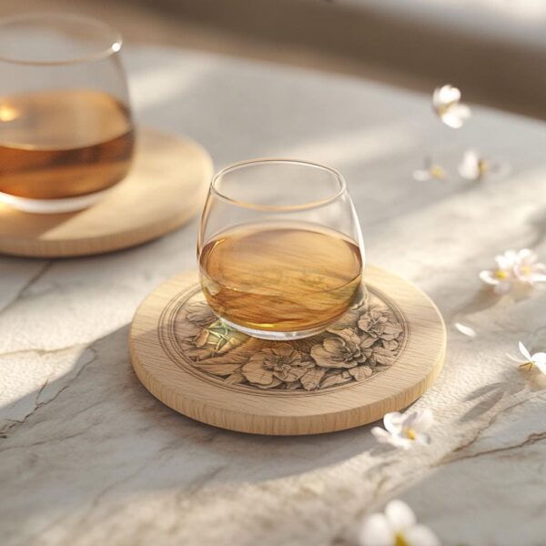 Cat and Flower 3D Illusion Wood Coaster Engraving