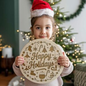 Christmas Round Sign Engraving, Happy Holidays | SVG