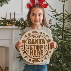 Christmas Round Sign Engraving, Santa Stop Here |