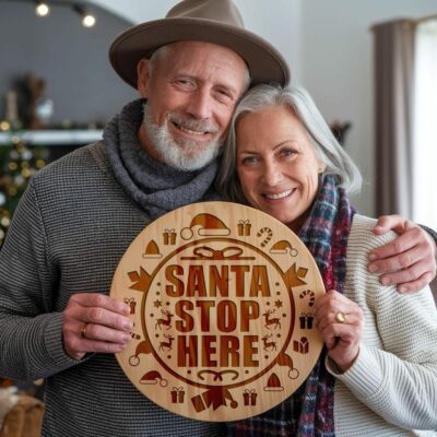 Gravure de Panneau Rond de Noël, Santa Arrêtez-vous