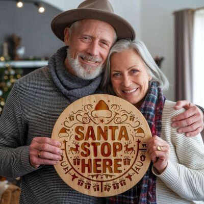 Christmas Round Sign Engraving, Santa Stop Here |