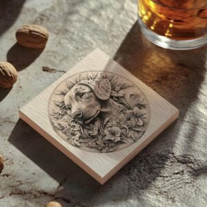 Dog and Flower 3D Illusion Wood Coaster Engraving | PNG Download #004