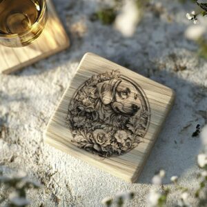 Dog and Flower 3D Illusion Wood Coaster Engraving | PNG Download #009