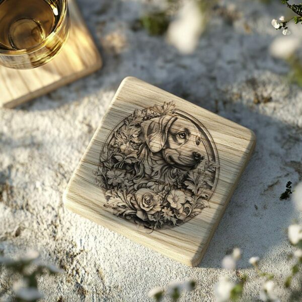 Dog and Flower 3D Illusion Wood Coaster Engraving