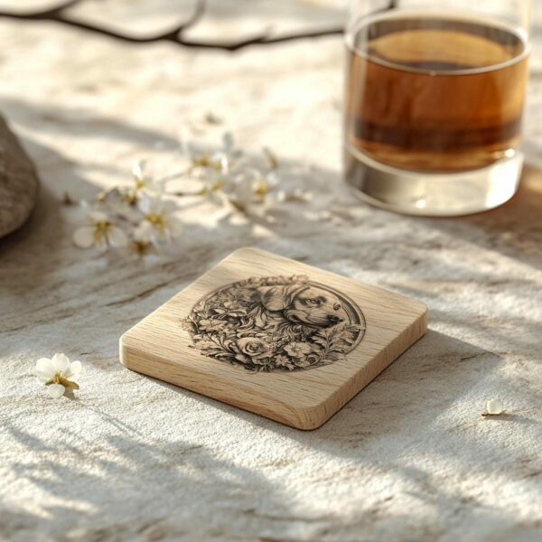 Dog and Flower 3D Illusion Wood Coaster Engraving