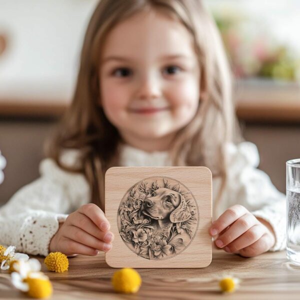 Dog and Flower 3D Illusion Wood Coaster Engraving