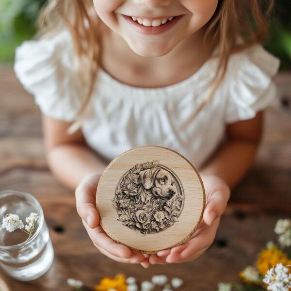 Dog and Flower 3D Illusion Wood Coaster Engraving