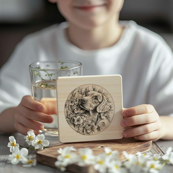 Dog and Flower 3D Illusion Wood Coaster Engraving