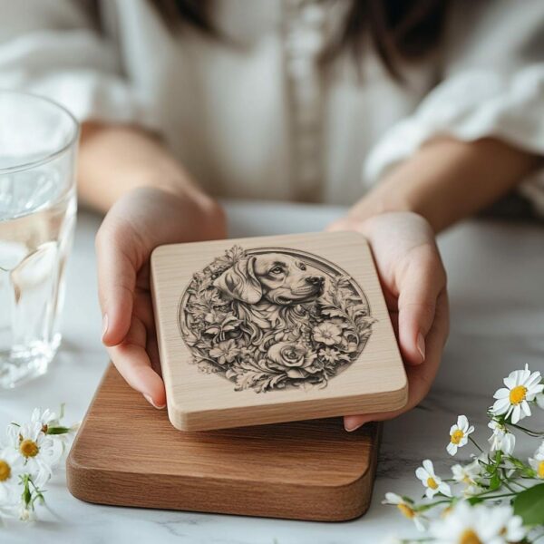 Dog and Flower 3D Illusion Wood Coaster Engraving