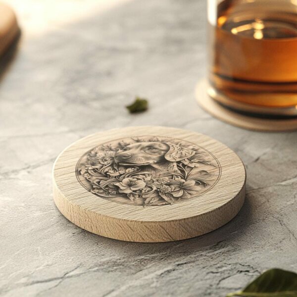 Dog and Flower 3D Illusion Wood Coaster Engraving