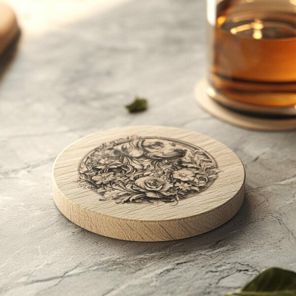 Dog and Flower 3D Illusion Wood Coaster Engraving