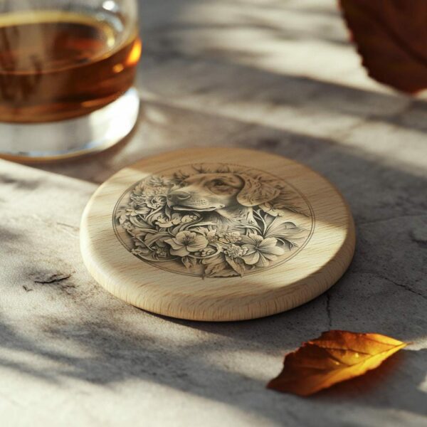 Dog and Flower 3D Illusion Wood Coaster Engraving