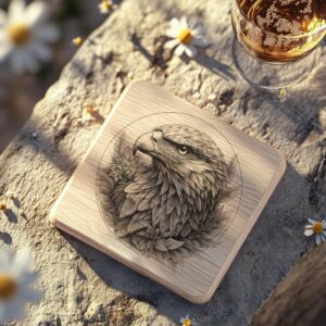 Eagle and Flower 3D Illusion Wood Coaster Engraving | PNG Download #005