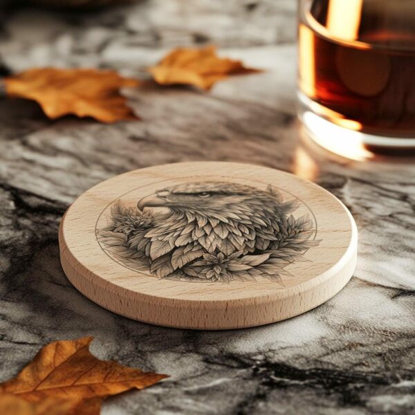 Eagle and Flower 3D Illusion Wood Coaster Engraving