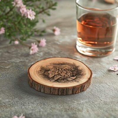 Eagle and Flower 3D Illusion Wood Coaster Engraving