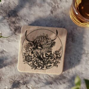 Highland Cow 3D Illusion Wood Coaster Engraving | PNG Download #011