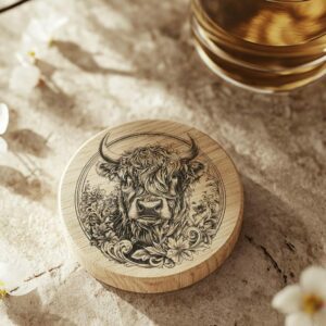 Highland Cow 3D Illusion Wood Coaster Engraving | PNG Download #010