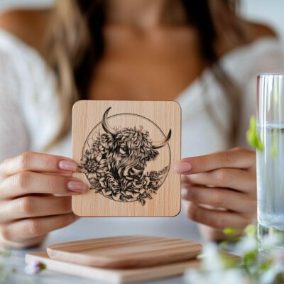 Highland Cow 3D Illusion Wood Coaster Engraving |