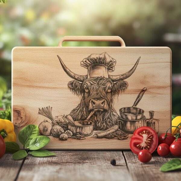 Highland Cow Chef Charcuterie Board Engraving | PNG