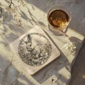 Rabbit and Flower 3D Illusion Wood Coaster Engraving | PNG Download #006