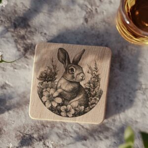 Gravure de sous-verre en bois avec lapin et fleur en 3D | Téléchargement PNG #002