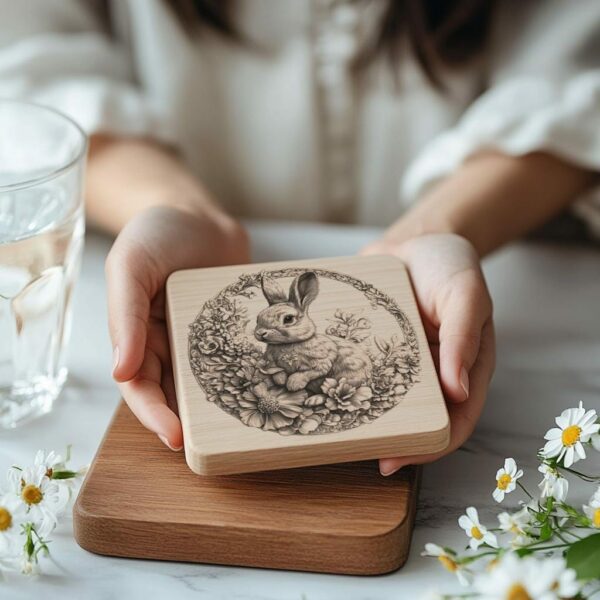 Rabbit and Flower 3D Illusion Wood Coaster Engraving