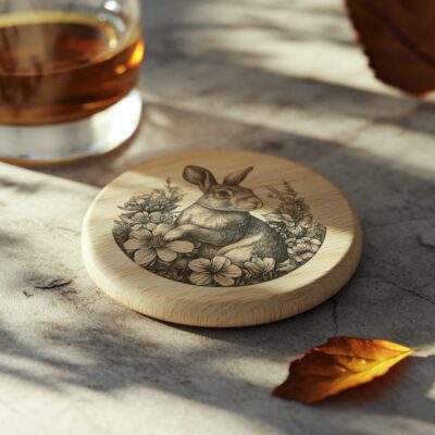 Rabbit and Flower 3D Illusion Wood Coaster Engraving