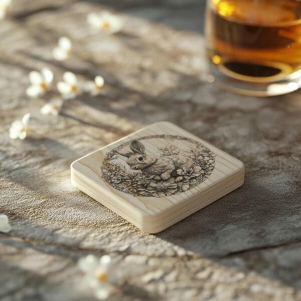 Rabbit and Flower 3D Illusion Wood Coaster Engraving