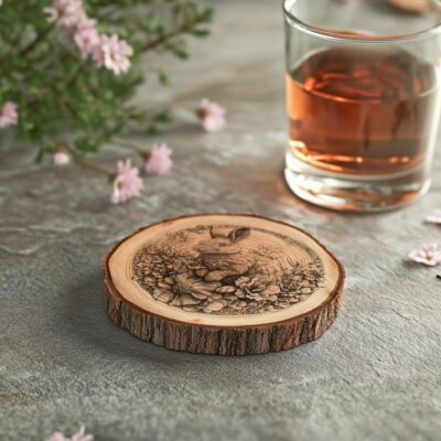 Rabbit and Flower 3D Illusion Wood Coaster Engraving