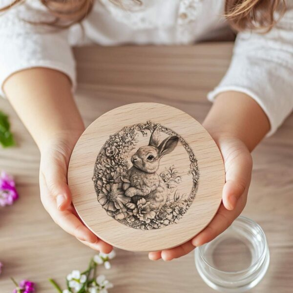 Rabbit and Flower 3D Illusion Wood Coaster Engraving