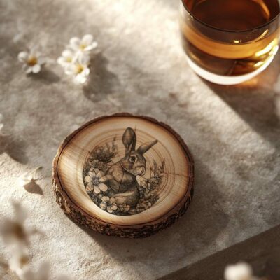 Rabbit and Flower 3D Illusion Wood Coaster Engraving