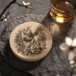 Incisione in legno di sottobicchiere con renna e fiore 3D | Download PNG #003