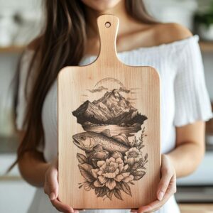 Fichier de gravure de planche de charcuterie avec saumon, montagne et fleur | Décor de cuisine #011