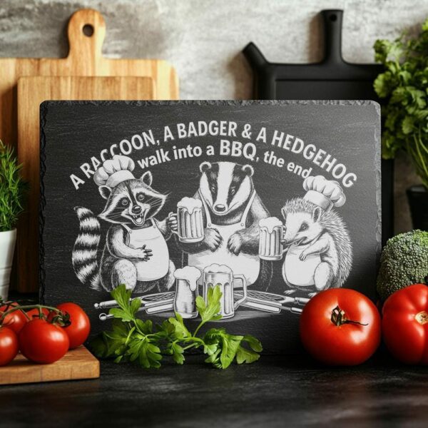 Engraved Slate Cheese Board File: Raccoon, Badger &