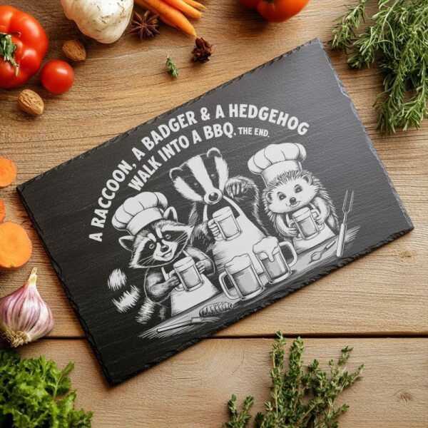 Engraved Slate Cheese Board with Woodland Creatures: Raccoon,